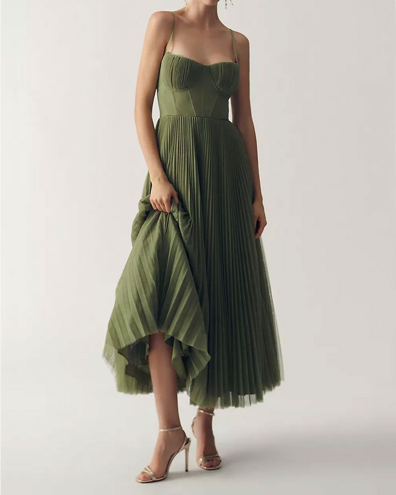 Corset Pleated Tulle Fit & Flare Midi Dress