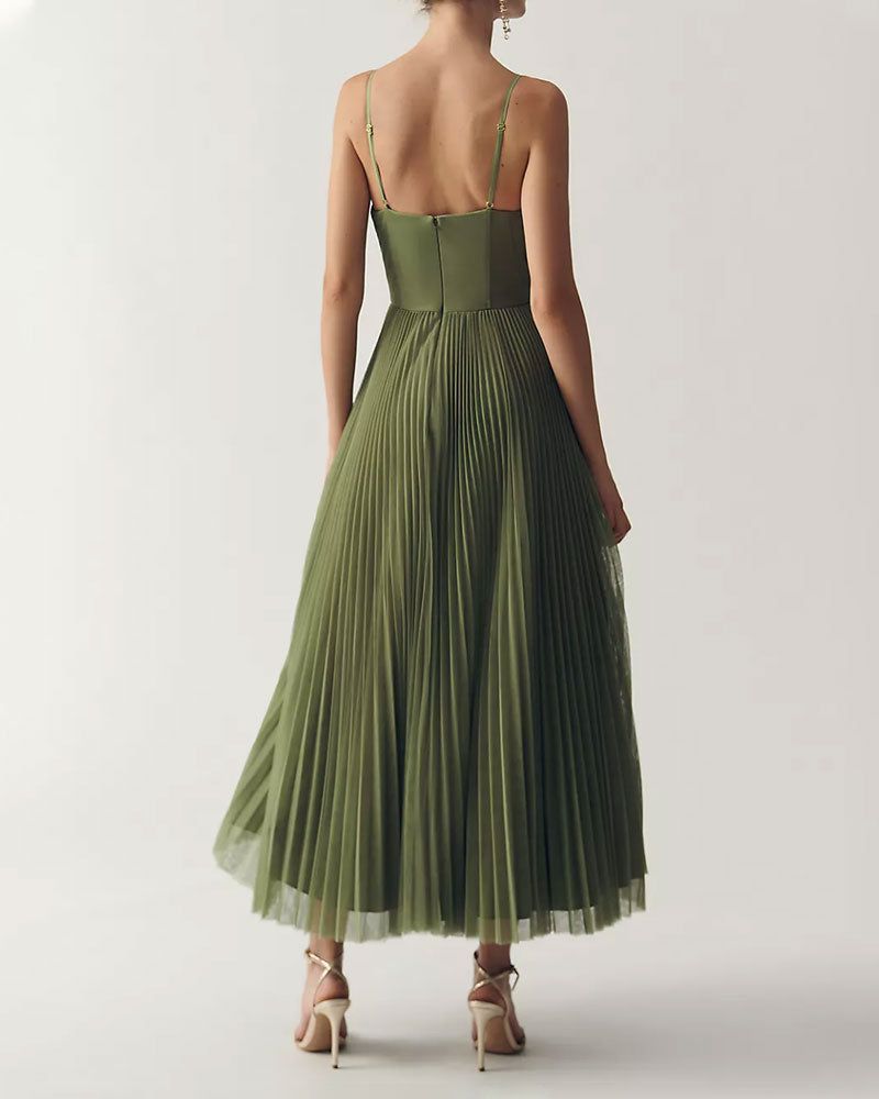 Corset Pleated Tulle Fit & Flare Midi Dress