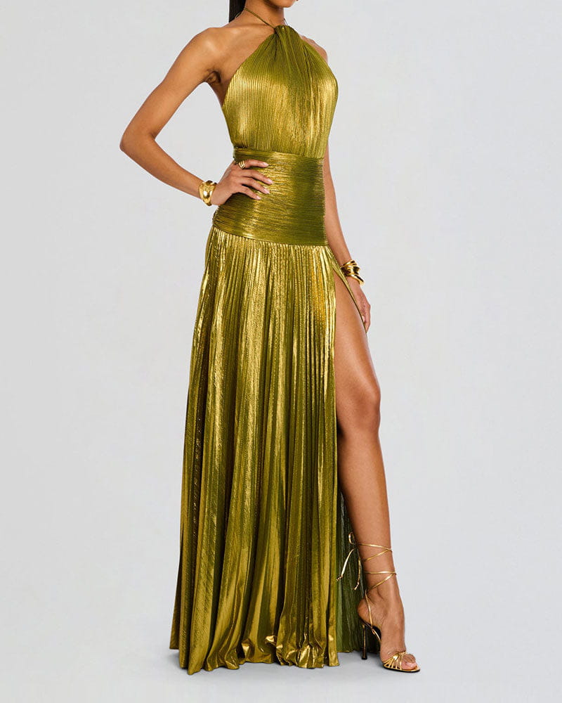 Metallic Peridot Halter Neck Gown