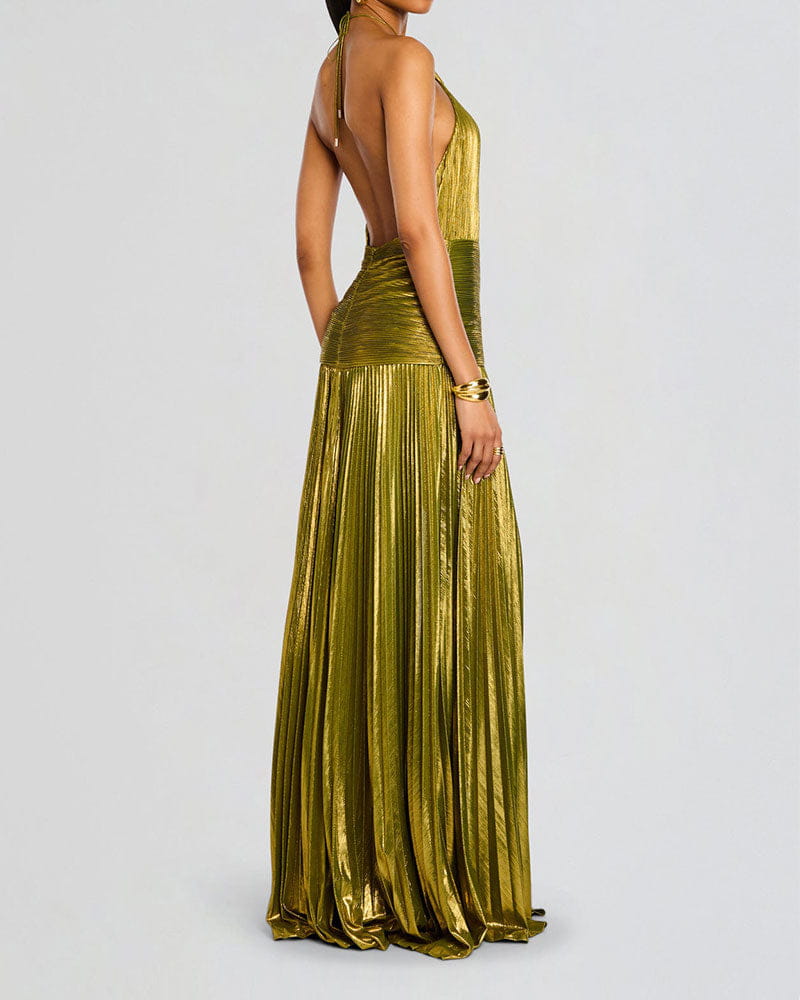 Metallic Peridot Halter Neck Gown