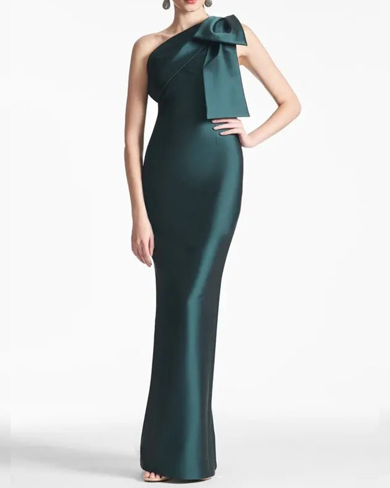 Bow One-Shoulder Gown Satin Trumpet Dress