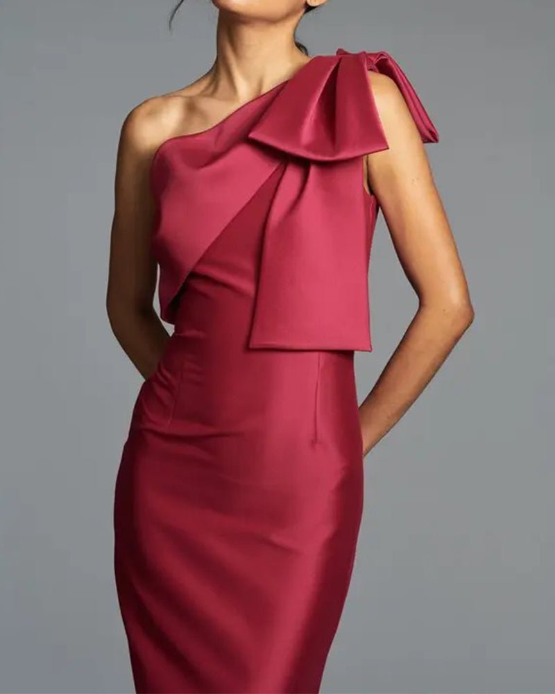 Bow One-Shoulder Gown Satin Trumpet Dress