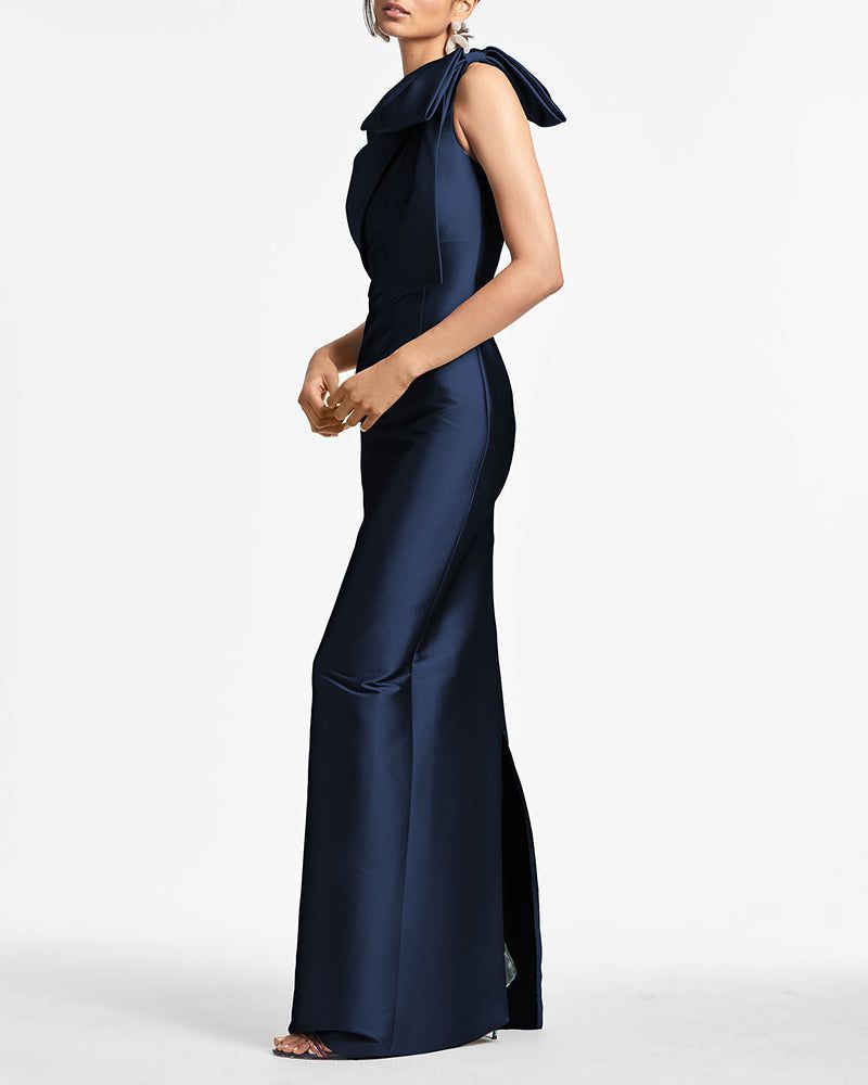 Satin One-Shoulder Column Formal Dress with Elegant Bow