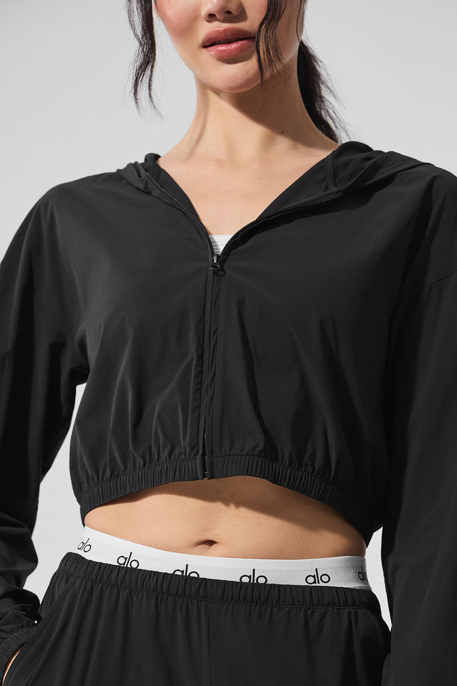 Cropped Breezy Full-Zip Hoodie - Black
