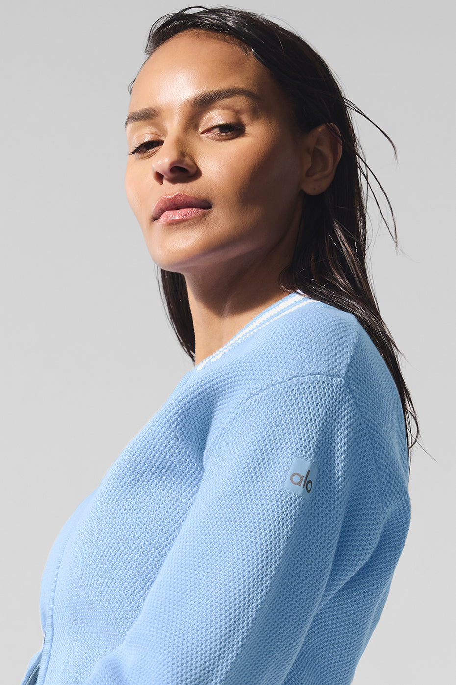 Tennis Club Sweater Knit Full Zip Jacket - Seashell Blue/White