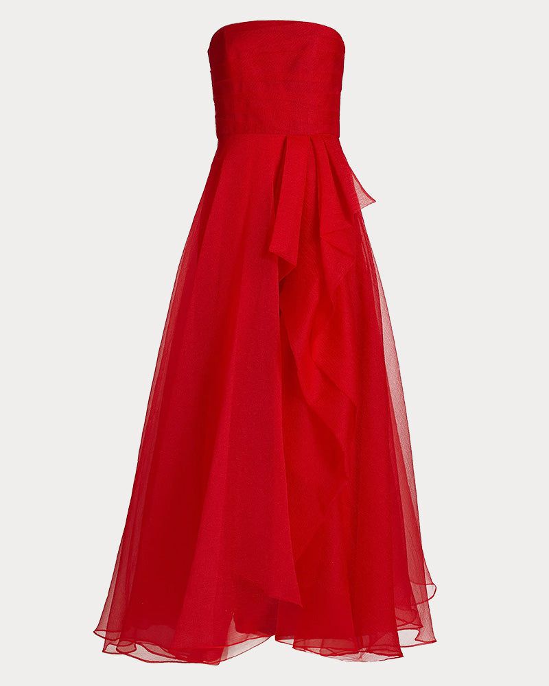 Draped Tulle Gown Evening Dress with Organza Ruffle