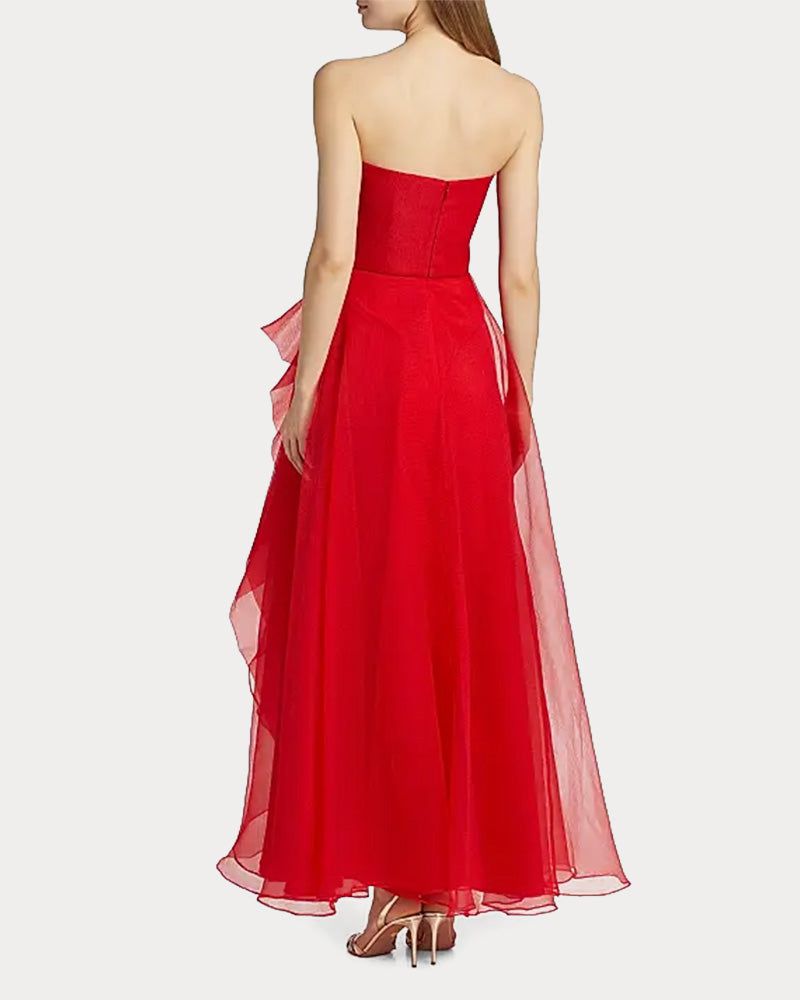 Draped Tulle Gown Evening Dress with Organza Ruffle