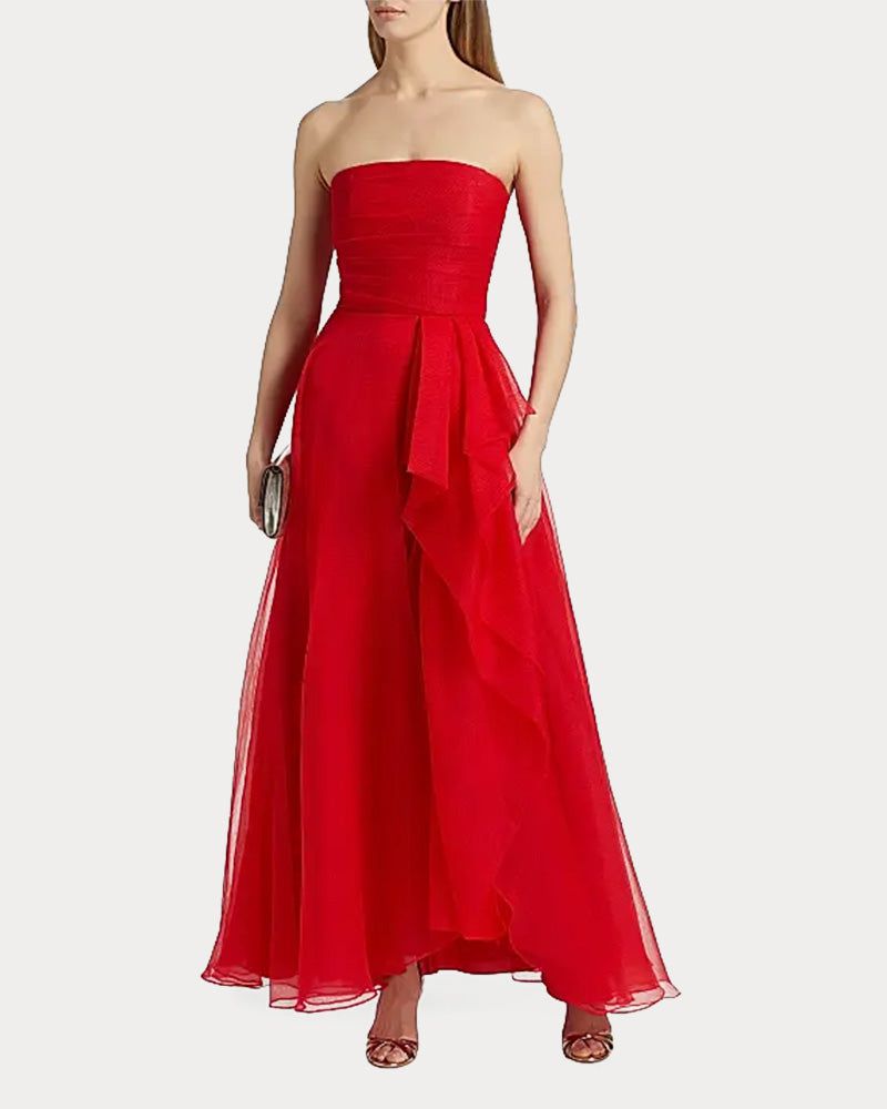 Draped Tulle Gown Evening Dress with Organza Ruffle