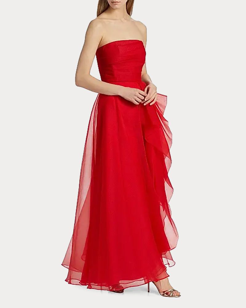 Draped Tulle Gown Evening Dress with Organza Ruffle